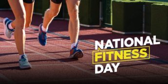 banner for national fitness day with picture of 2 legs running on a race track
