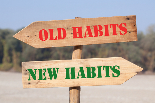 signs with 2 arrows pointing opposite ways; one reading old habits in red, the other reading new habits in green